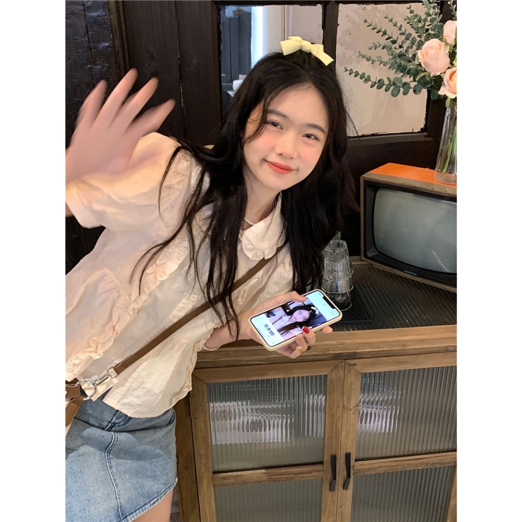 🧡LINNA🧡สีทึบ ขอบลูกไม้ แขนสั้น เสื้อเชิ้ต เวอร์ชั่นเกาหลี สไตล์หวาน แฟชั่น
