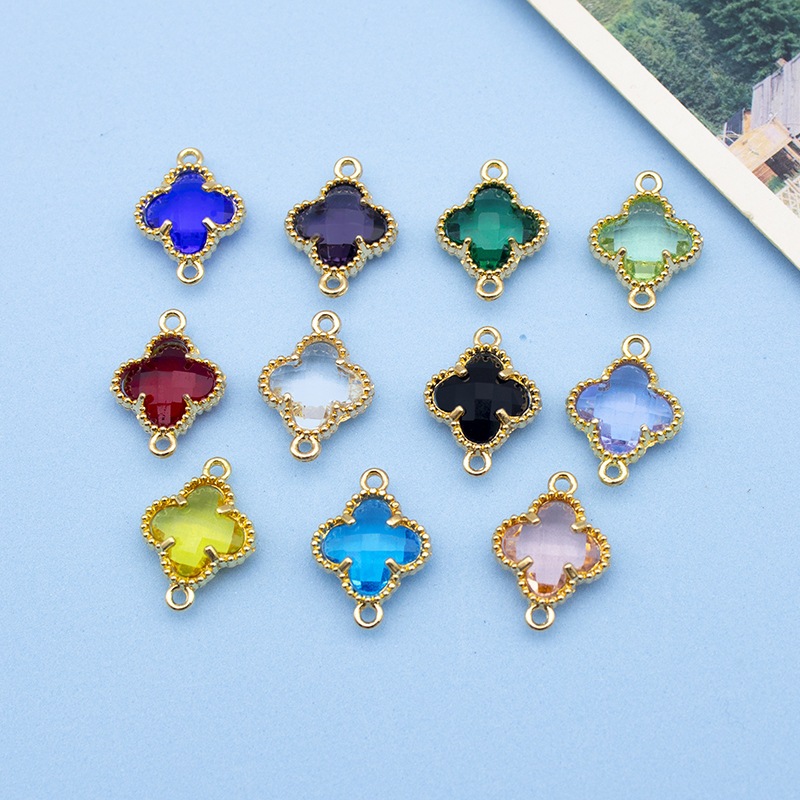 จี้เครื่องประดับโลหะผสมเกาหลี อุปกรณ์ DIY จี้คริสตัลแก้วฝังรูปโคลเวอร์สี่แฉก ต่างหู สร้อยคอ