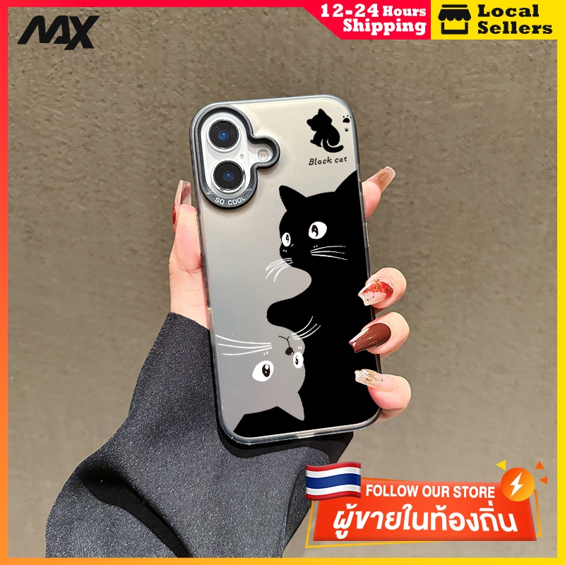 สีดำหรูหราซิลิโคนแข็งกรณีโทรศัพท์  แมวสีดำแมวสีขาว for IPhone 13 12 7Plus 14 15 11 Pro MAX 8 6 7 6S Plus X XR XS