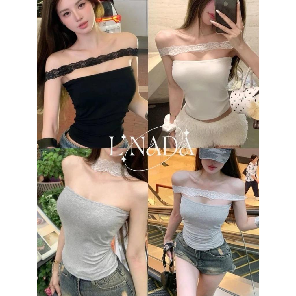 L🖤NADA【พร้อมส่ง】เสื้อเกาะอกสีพื้นสายลูกไม้คล้องคอสุดเก๋