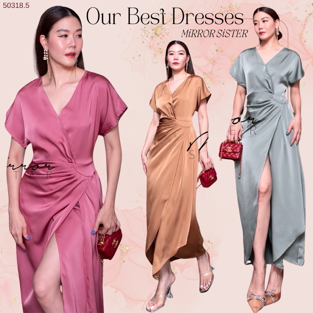 Mirrorsister 50318.5 เดรสPremiumซิลค์ซาตินสวยหรู แพทเทรินคอวีอกไขว้ จับDrapช่วงเอว