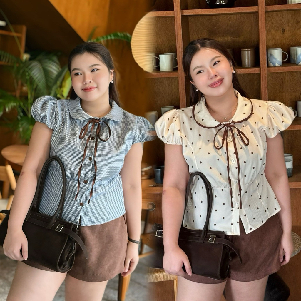 BROWNIE SET ( สาวอวบ ) ชุดเซทเสื้อคอบัว + กางเกงขาสั้นน้ำตาล ลุกลูกคุณหนู สาวอวบ Benzbunny29 # 5038