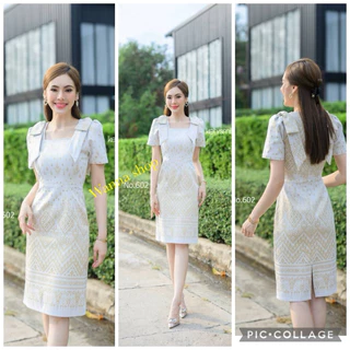 เดรสผ้าไทย สีขาวทอง ผ้าฝ้ายลายหยดเทียน ทรงเสื้อกั๊ก ชนเชิง พร้อมส่ง