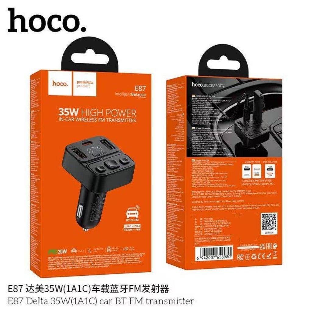 Hoco E87 บลูทูธ ในรถยนต์ อุปกรณ์รองรับสัญญาณบลูทูธในรถยนต์ 35W Car Charger Bluetooth FM Transmitter