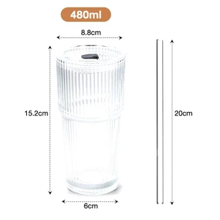 แก้วใส่เครื่องดื่ม 480ml มีหลอด+ฝาปิด แก้วใส ทรงสูง แก้วใส่กาแฟ น้ำผลไม้ แก้วใส่ชานมไข่มุข แก้วคาเฟ่ มินิมอล แก้วลายเส้น