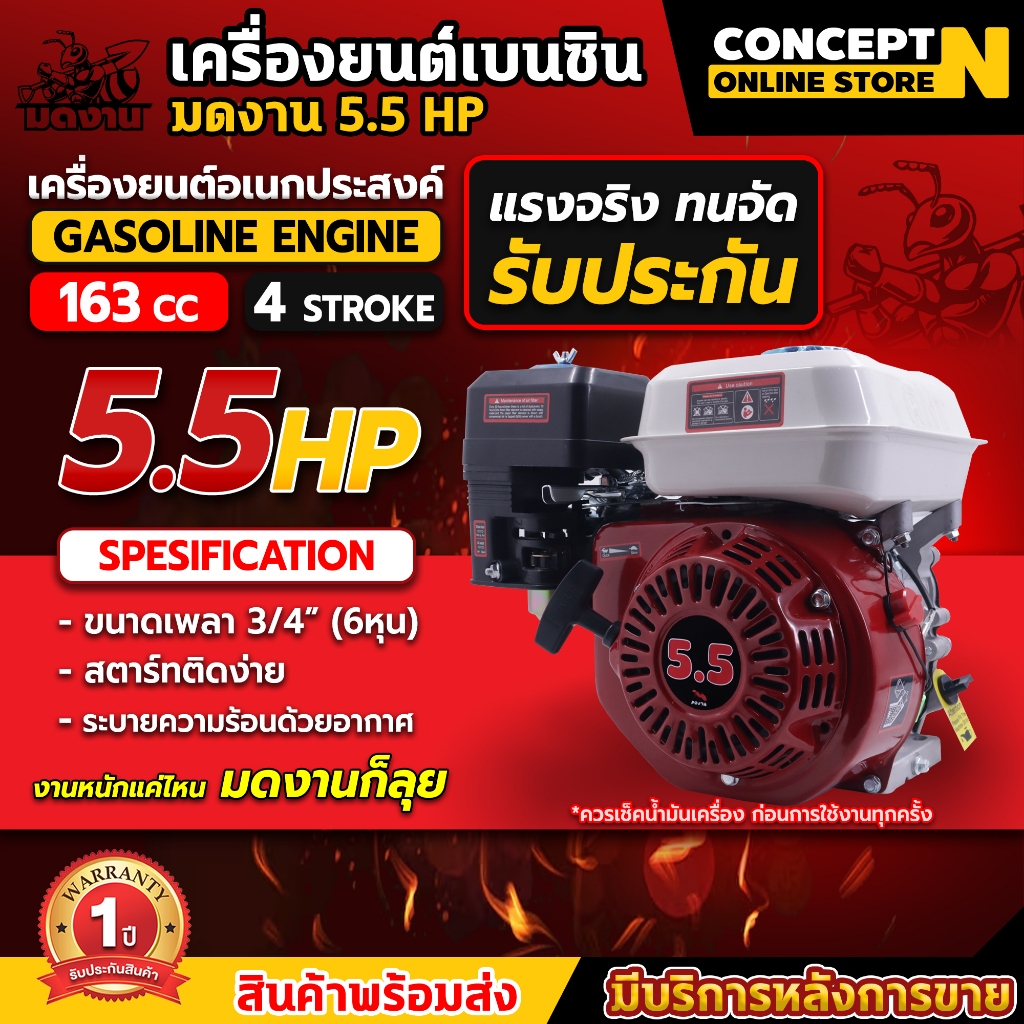 เครื่องยนต์เบนซิน มดงาน ANT 5.5 6.5 13 HP และเครื่องยนต์ติดปั๊ม 5.5 GWP2T ,6.5 GWP3T สูบน้ำ Concept N รับประกัน 1 ปี