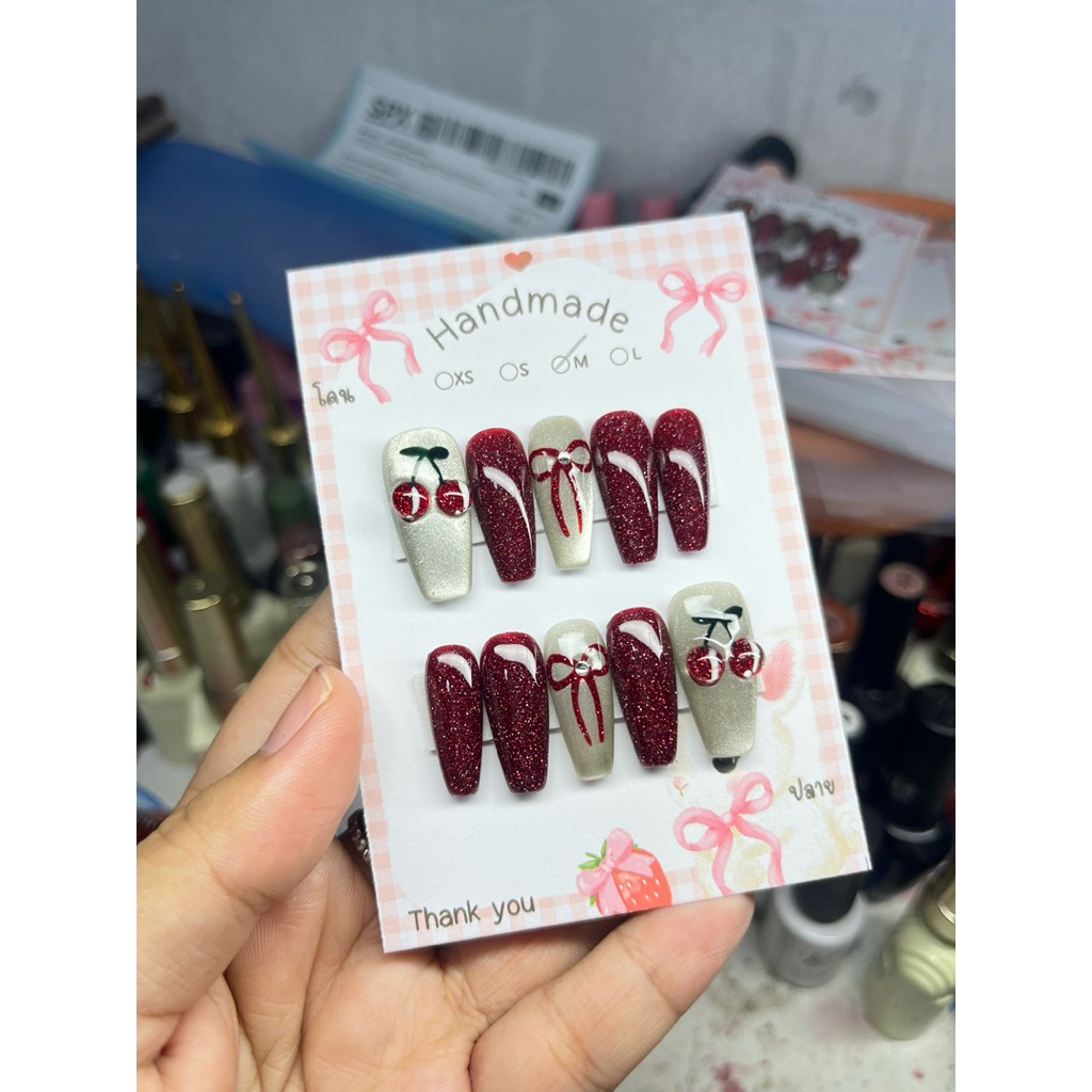 เล็บเจลสีแฟลช เพ้นเชอรี่โบว์แดง พรีออเดอร์