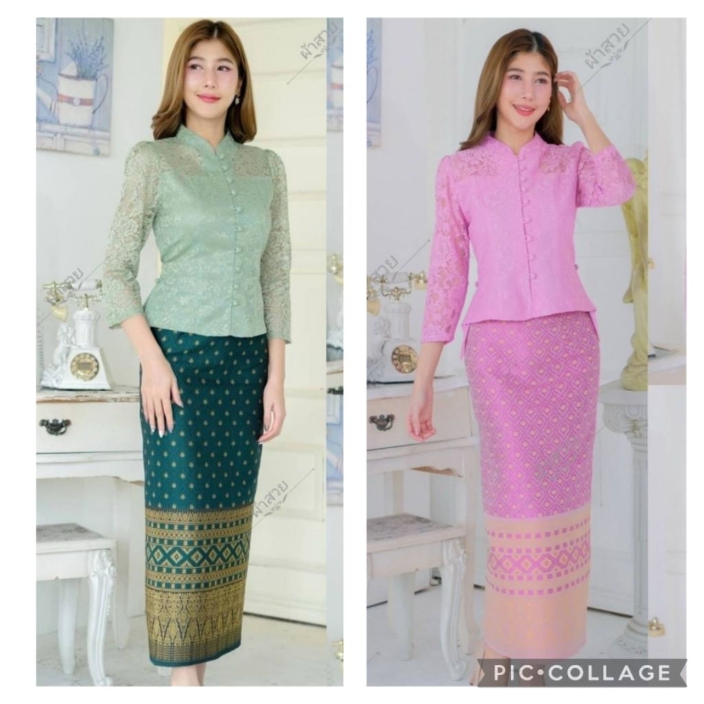 ชุดเซ็ท​(2ชิ้น)เสื้อลูกไม้คอจีนพร้อมผ้าถุงทอลาย อัดผ้ากาว แบบป้าย ฟรีไซส์​ มีเก็บปลายทาง