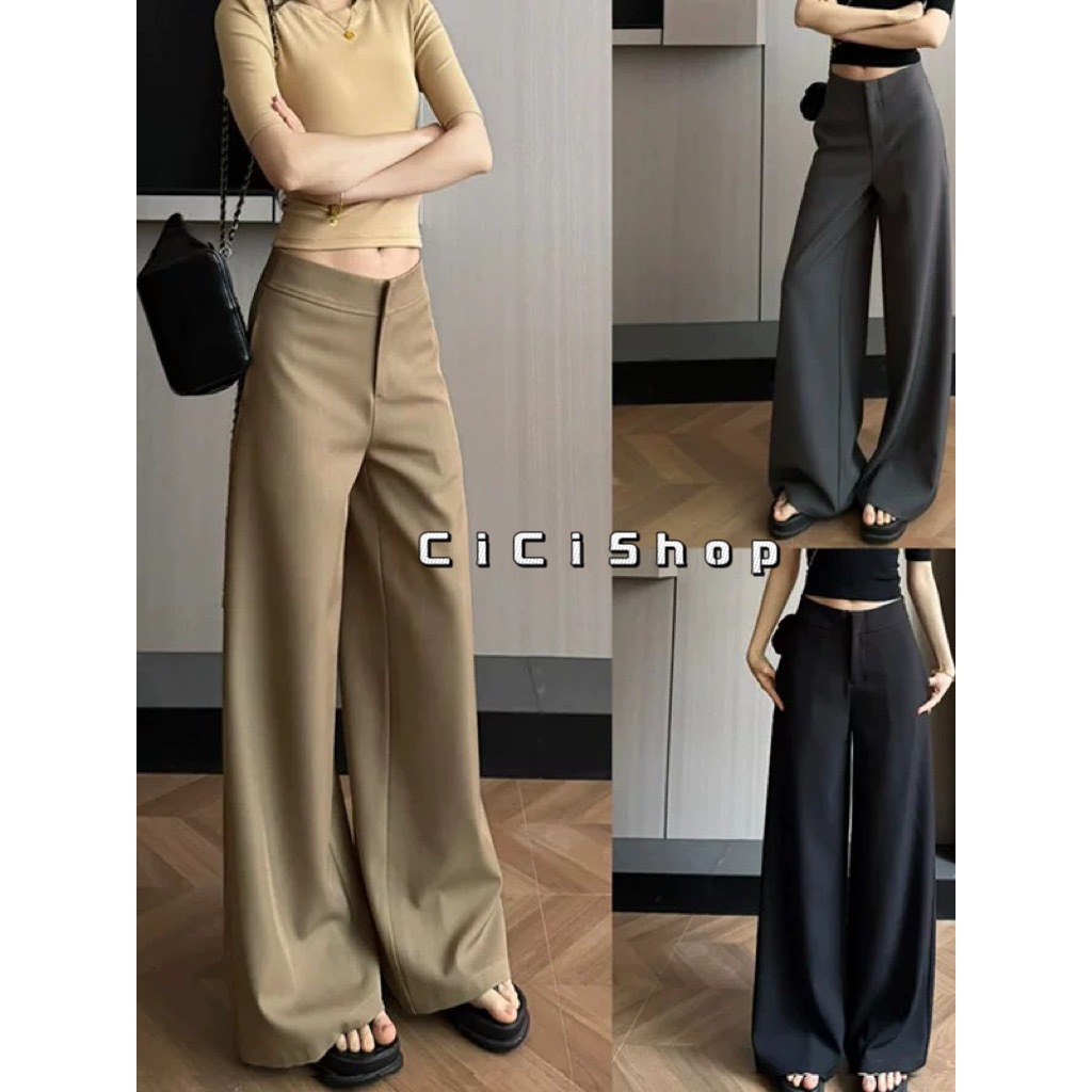 Cicishop(2533) กางเกงขายาวกระบอก เอวสูง มีซิป มีกระเป๋าข้าง พลางหุ่นทรงสวย ใส่ทำงาน