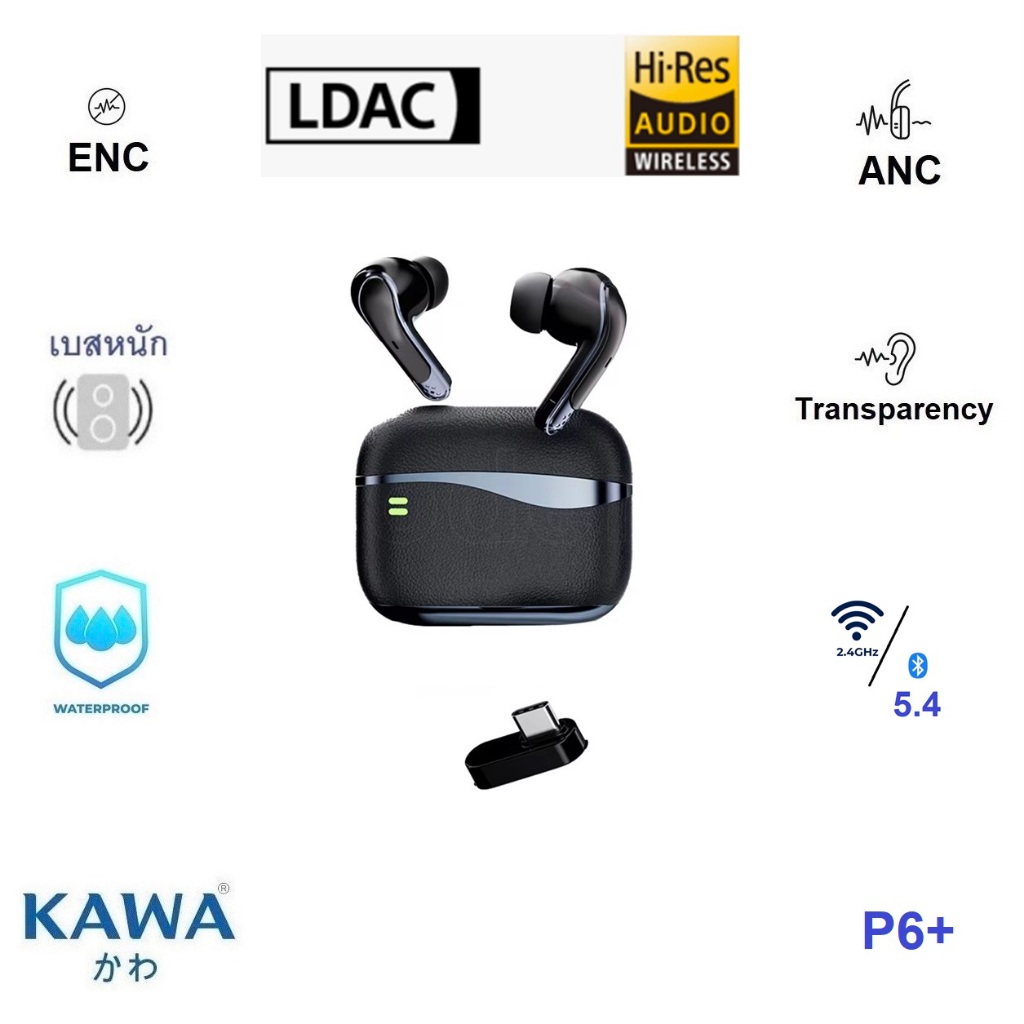 หูฟังบลูทูธ Kawa P6+ 2.4 GHz usb ไมค์ 4 ตัว Hi-RES LDAC ANC และระบบตัเสียงรบกวนขณะคุย (ENC) กันน้ำ IPX5 หูฟังไร้สาย