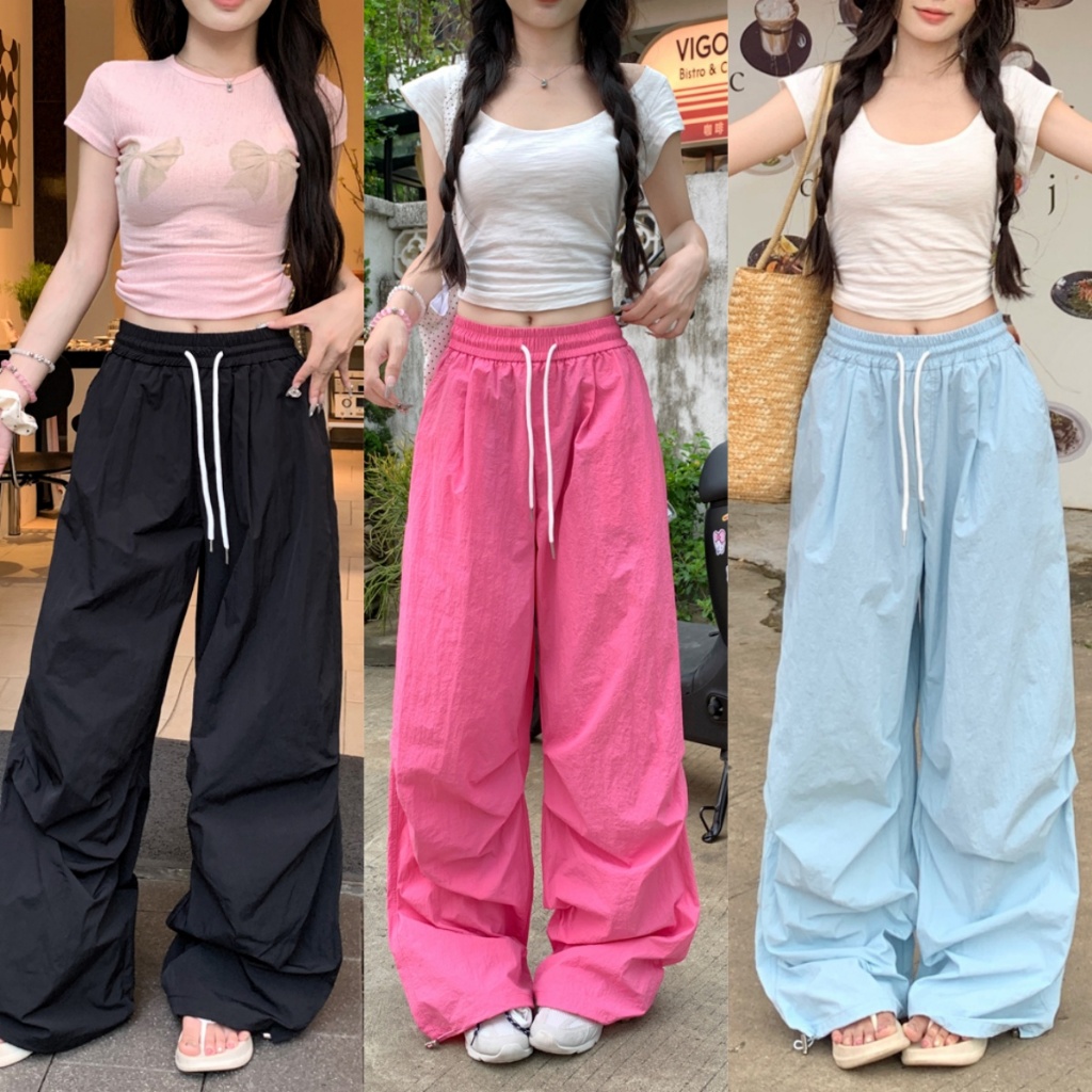 ชุดเอี๊ยมอเมริกัน กางเกงเอวสูงผู้หญิง ทรงหลวม มีเชือกผูก เอวยางยืด ผ้าใส่สบาย
