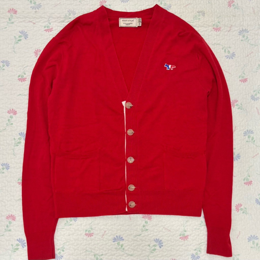 Maison Kitsune Red Tricolor Fox Wool Cardigan