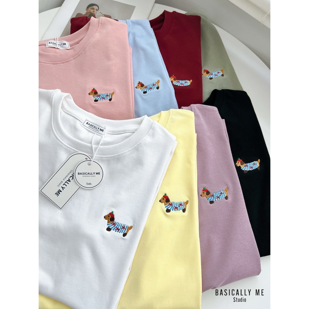 เสื้อคอกลมปักน้องหมาไส้กรอกน่ารัก ผ้าพรีเมี่ยมนุ่ม BM