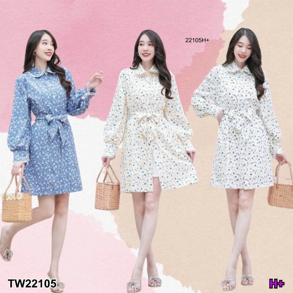 เดรสปกเชิ้ตแต่งแทปแขนยาว ลายดอกเล็ก TT22105