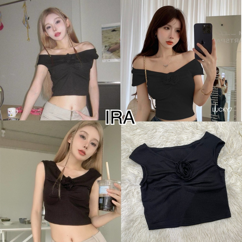 BY IRA (595) Julia Crop Top ครอปท็อปโชว์ไหล่ เอวลอยเซ็กซี่สุดๆ ดีเทลดอกไม้หน้าอกดูมินิมอลม๊ากก🦄