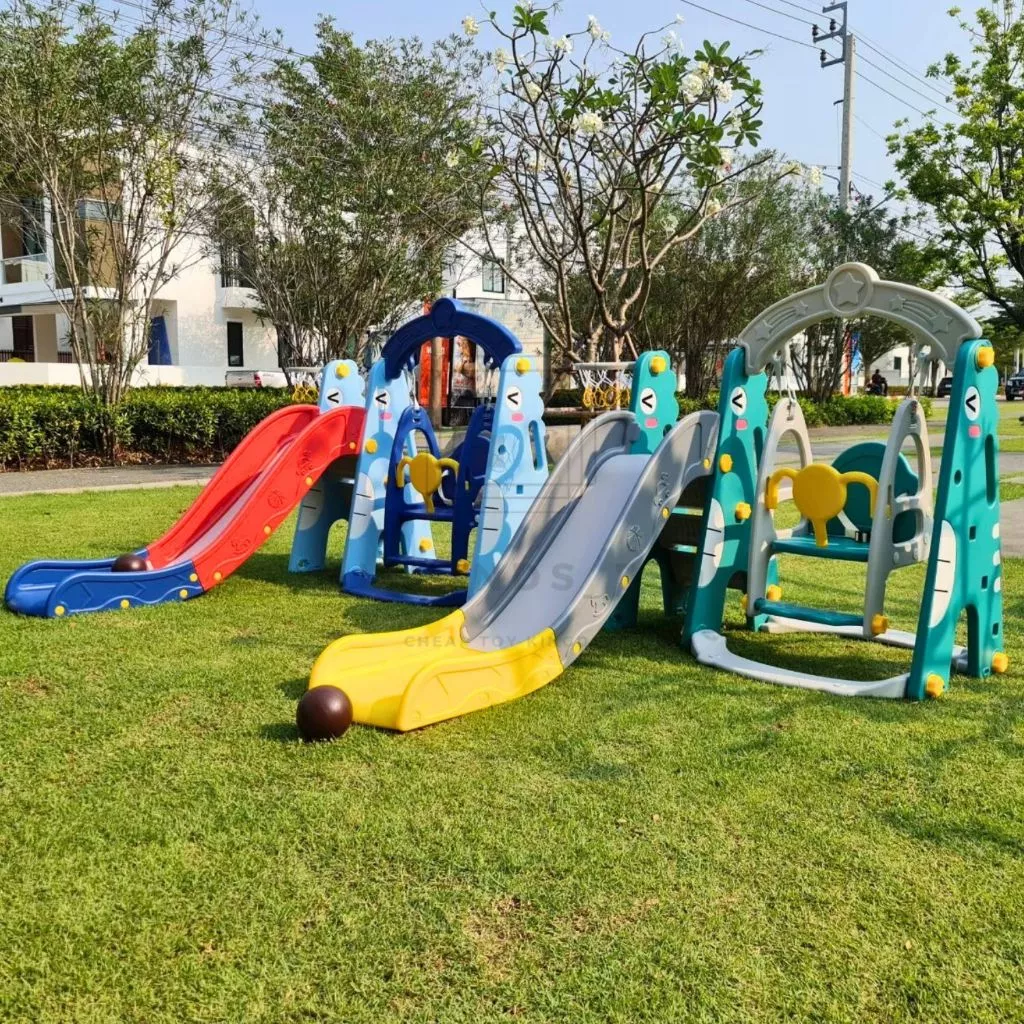 สไลเดอร์เด็กมีชิงช้า พร้อมแป้นบาสลูกบาส 3in1 ของเล่นเด็ก สไลเดอร์มีขอบกันตก ขั้นบันไดแบบทึบปลอดภัย