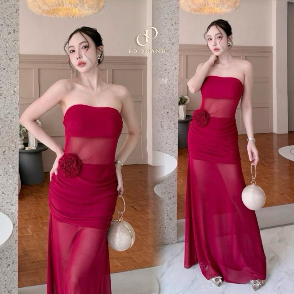 1392 [vandy dress] เดรสยาวผ้าซีทรู เกาะอกดีเทลย่นช่วงอกและช่วงสะโพก มีเข็มกลัดดอกไม้ประดับ