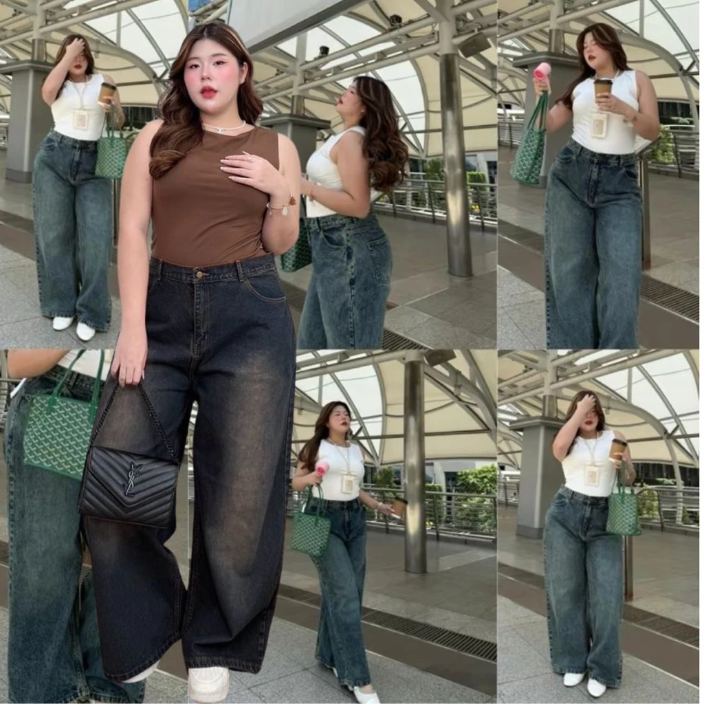 Moonjeans กางเกงยีนส์เอวสูงทรงกระบอกใหญ่สาวอวบ ไซซ์ใหญ่ (BAGGY JEANS) Moonstonechubbyhouse [ Code: 1717 ]