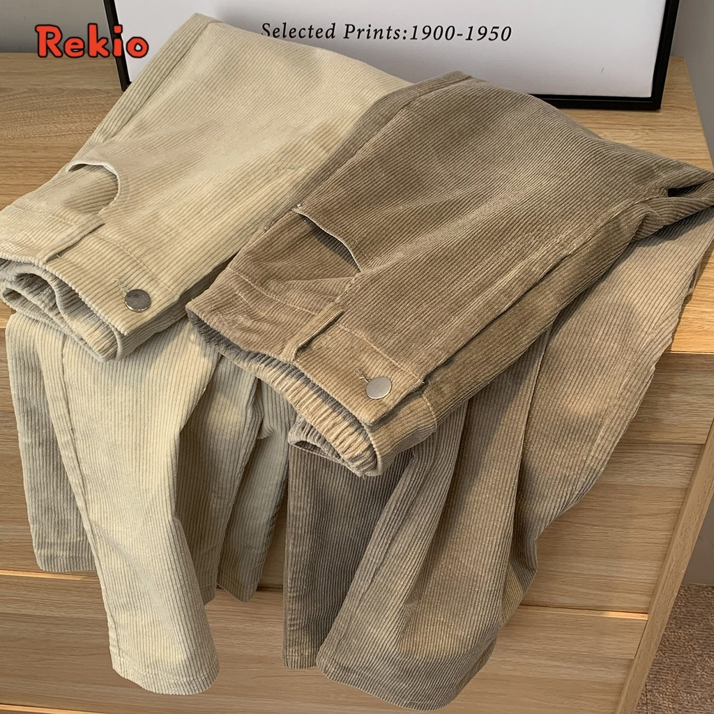 REKIO S-4XL(25-43) กางเกงขายาว ผ้าลูกฟูก เอวสูง ทรงตรง ทรงหลวม สไตล์เกาหลี สําหรับผู้หญิง