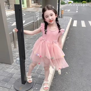 PRINCESS KESLI ชุดเดรสเจ้าหญิง คอกลม แขนพอง พิมพ์ลายดอกไม้ ประดับโบว์ สําหรับเด็กผู้หญิง 1-9 ปี