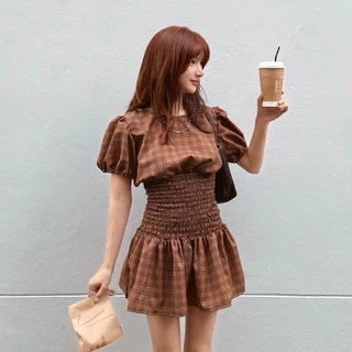 Scott dress ชุดมินิเดรสลายสก็อต~แขนพองสีสวย แต่งสม็อครอบตัวทำให้ยืดได้เยอะมาก กระโปรงจับจีบ ดูพองสวย