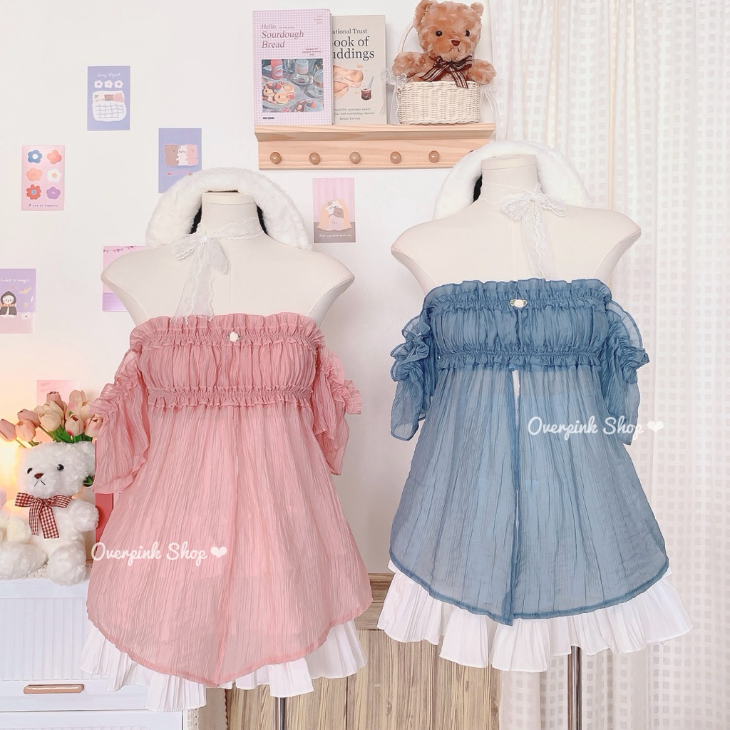 🌸OVP🌸 มี6สี เสื้อเกาะอกปาดไหล่ ต่อแขน ผ้าโรซี่(ผ้าเนื้อบาง) เสื้อเกาะอก