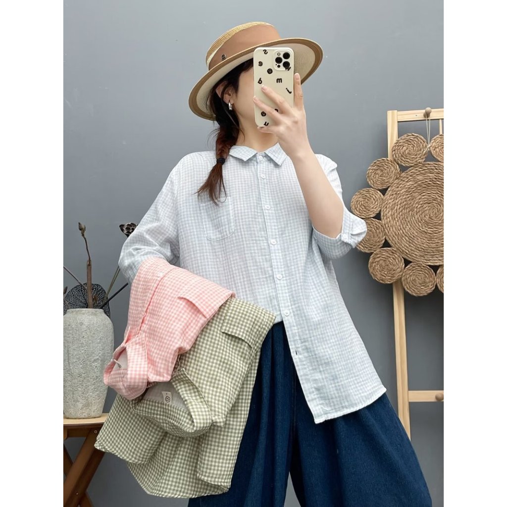 เสื้อเชิ้ตผ้าฝ้ายสาลูลายตารางเล็ก แขน 3 ส่วน ทรงหลวม โทนสีพาสเทลน่ารัก