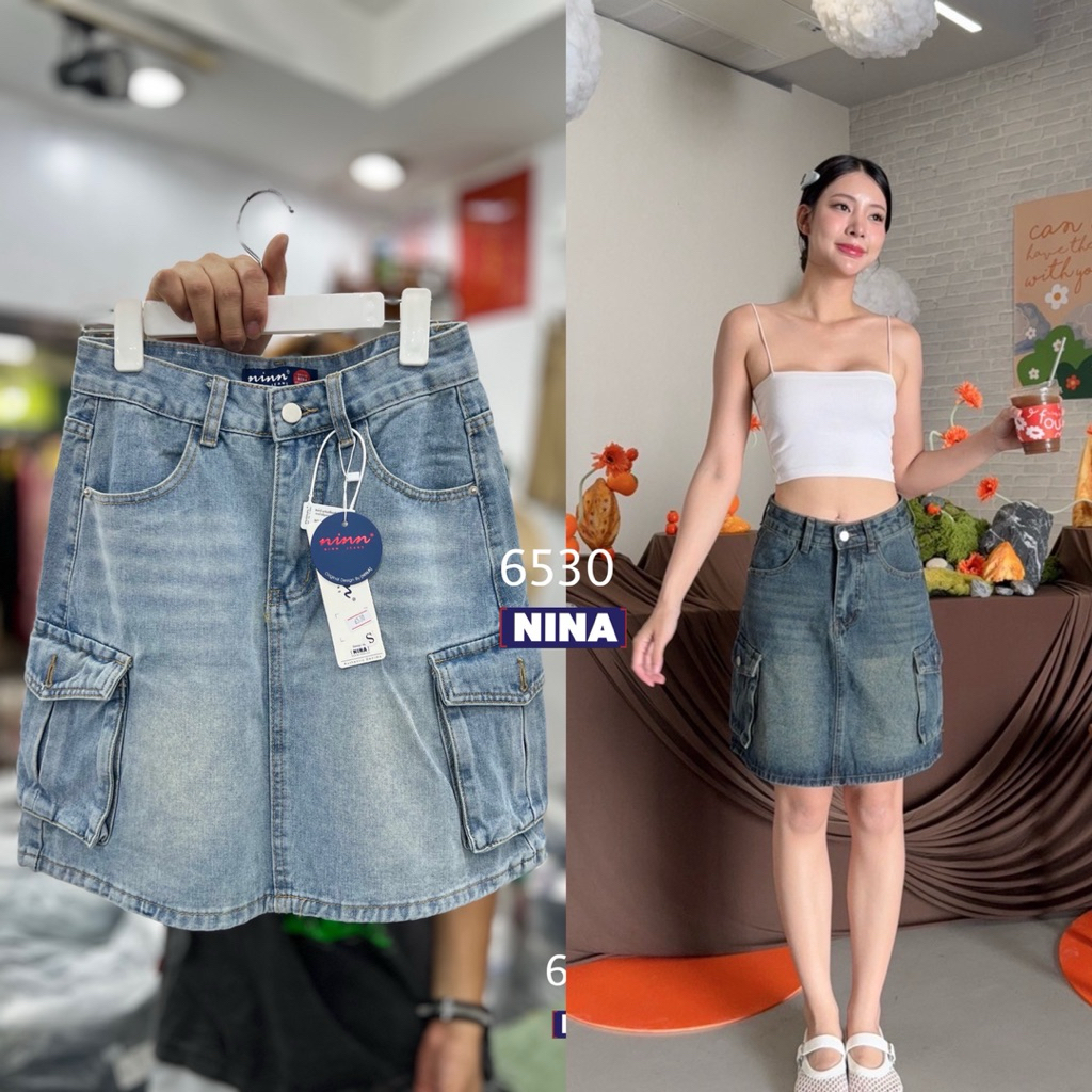 🌈𝑵𝒊𝒏𝒂.𝒋𝒆𝒂𝒏𝒔#6530 งานกระโปรงผ้าไม่ยืด ทรงคาร์โก้ เอวสูง งานสีฟอก กระเป๋า ข้างเท่ๆ ใช้งานได้จริง ทรงสวย ความยาวกำลังดี