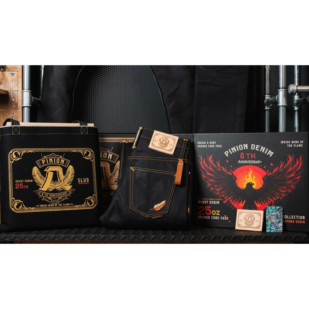 Pinion Denim 25oz BY Okayama Denim8th(เฟดส้ม )  Anniversary HEAVY Denim  (รุ่นINDIGO WING OF THE FLA