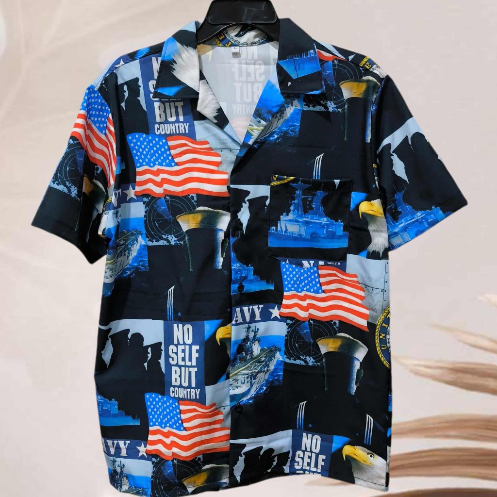 เสื้อเชิ้ตฮาวาย ลายเรือรบเมกา (พื้นสีดำ) ผ้าไหมอิตาลี