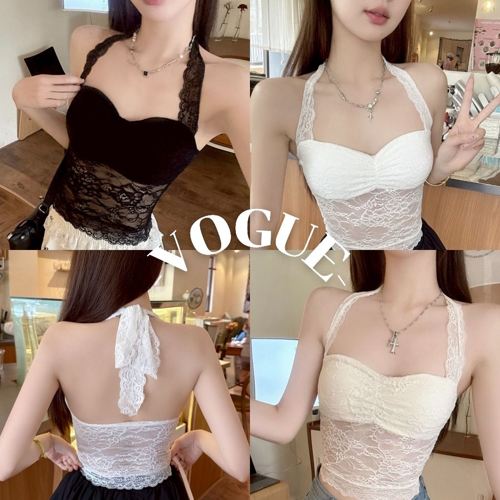 Vogue🌟พร้อมส่ง🌟 เสื้อคล้องคอ มีฟองน้ำ ดีเทลลูกไม้ สีพื้น (FY2255)