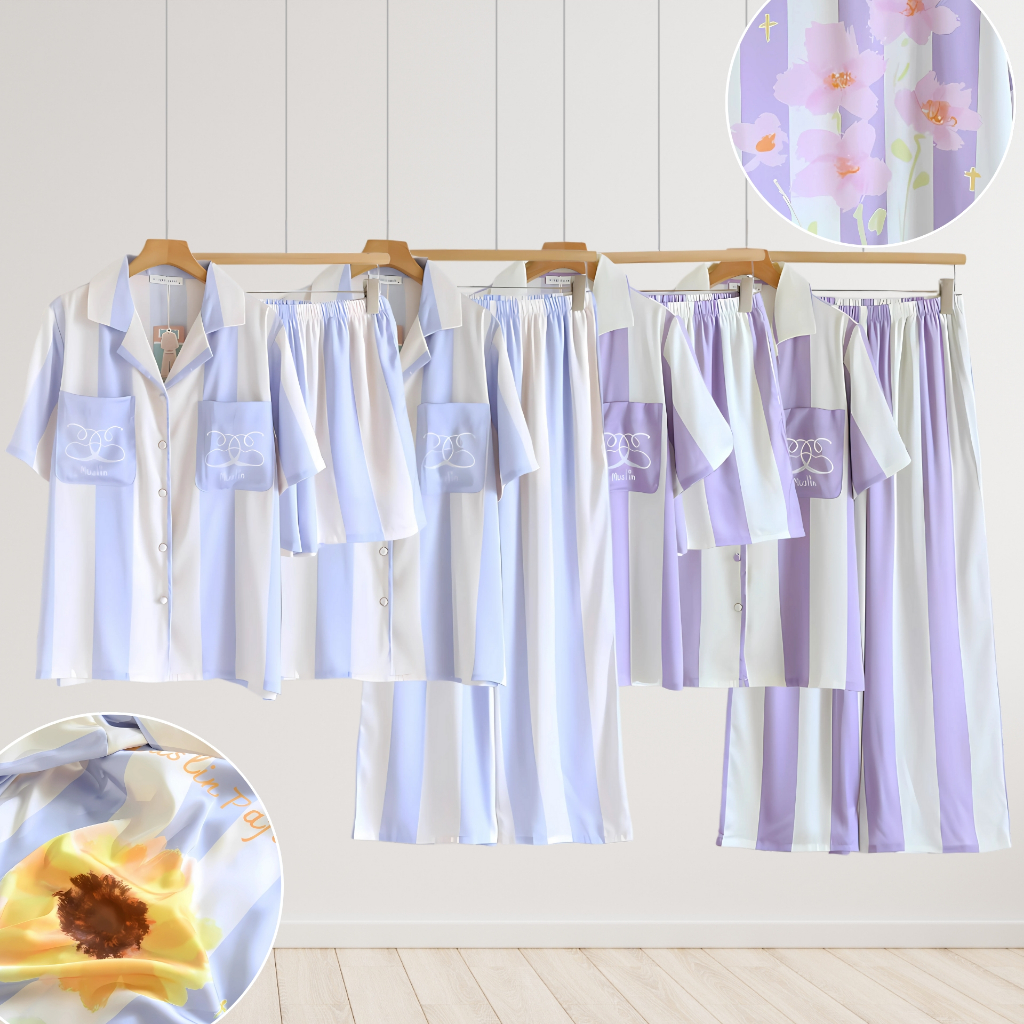 ชุดนอน Muslin Pajamas Silk Satin รุ่นViolet Lines,Jordy Blue (N5133 T5133 N5134 T5134)|ชุดนอนผู้หญิง