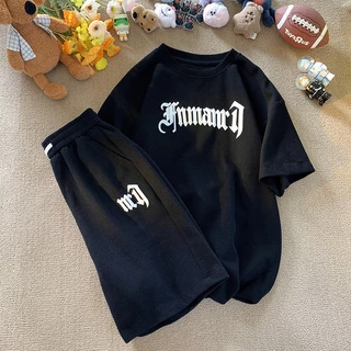 เสื้อสีดำ ชุดเซ็ทเด็กชาย ชุดลอลงเด็กชาย เสื้อยืดพิมพ์ลายตัวอักษรแขนสั้นและกางเกงขาสั้น สไตล์เกาหลี แห้งเร็ว #11211