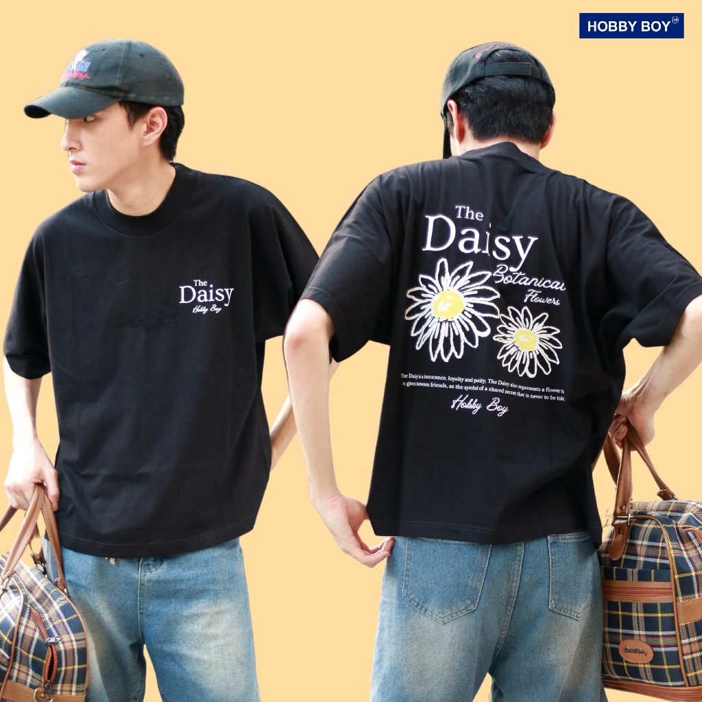 HOBBY BOY - ( BOXY คอฟิต ) THE DAISY สี ดำ เสื้อยืด Boxy Unisex