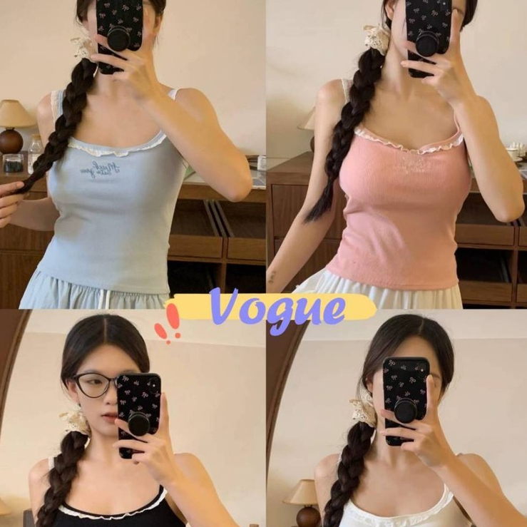 Vogue🌟พร้อมส่ง🌟 เสื้อสายเดี่ยว มีฟองน้ำ สัพาสเทล ดีเทลปักลายตัวอักษร (FY1072)