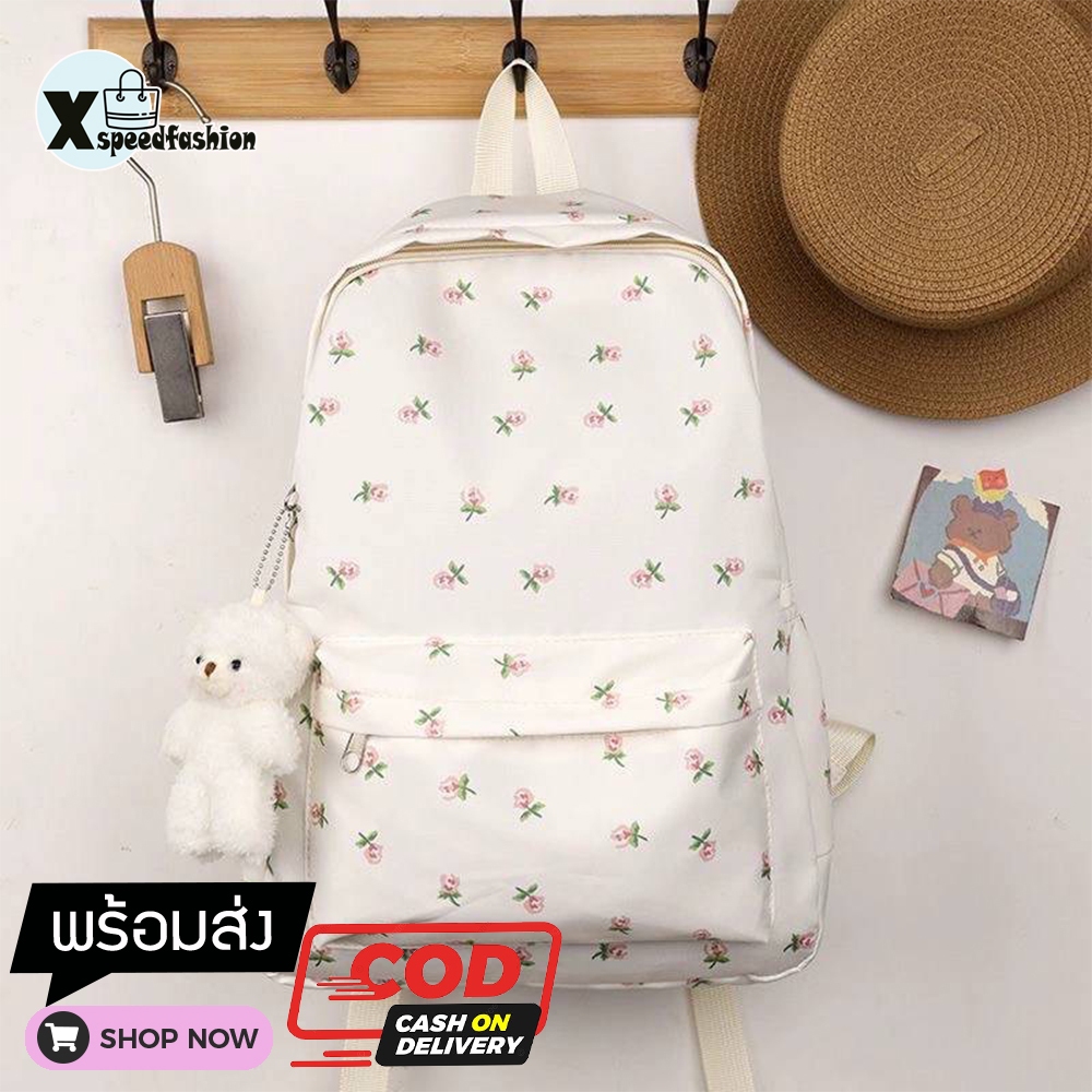 (ส่งด่วน)xspeedfashion(X1908) กระเป๋าเป้ไนล่อนลายดอกไม้ ใบใหญ่**มีของแถมที่ห้อยน้องหมี** รูปที่ 8