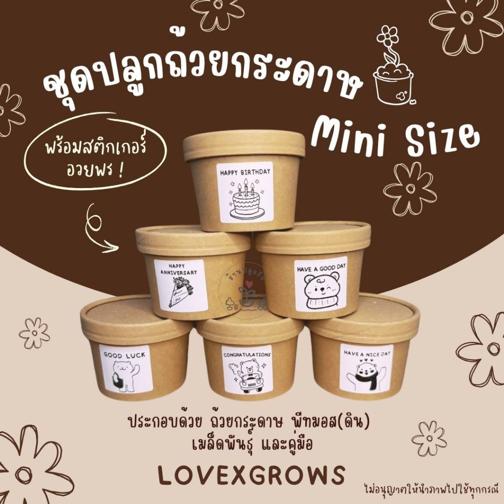 LXG : ชุดปลูกดอกไม้ ถ้วยกระดาษ (Size S) พร้อมสติกเกอร์อวยพร ของขวัญวันเกิด ของชำร่วย ของขวัญปัจฉิม