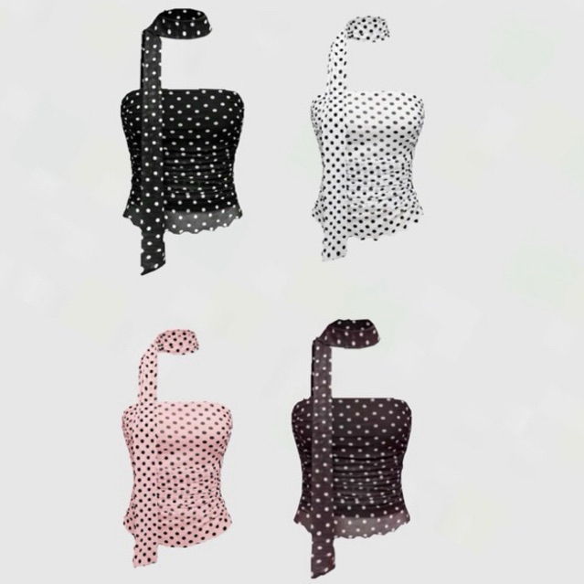 🔥เสื้อเกาะอก พร้อมสาย ลาย polka dot 🤎🖤