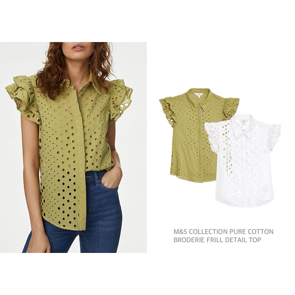 M&S เสื้อเชิ้ต ปักฉลุ แขนสั้นมีระบาย COLLECTION PURE COTTON BRODERIE FRILL DETAIL TOP (A0602)