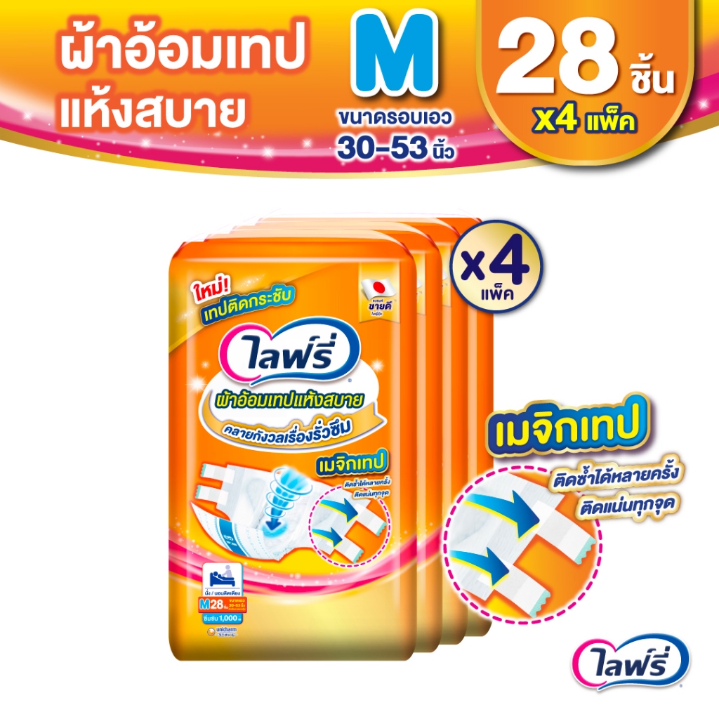 Lifree ไลฟ์รี่ ผ้าอ้อมผู้ใหญ่แบบเทป แห้งสบาย ไซส์ M 28 ชิ้น (1 ลัง 4 แพ็ค)