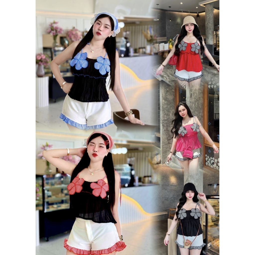 เสื้อสายเดี่ยว ผูกบ่า  แต่งดอกไม้ราคาเบาๆ พร้อมส่ง ภาพงานจริงทั้งหมด