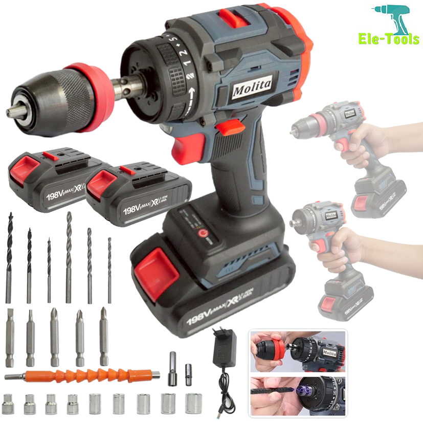 MOLITA สว่านไร้สาย สว่านไร้สายแท้ สว่านไฟฟ้าไร้สาย 198V ไขควง ไฟฟ้า สว่านไขควงไร้สาย สว่านไขควงกระแท