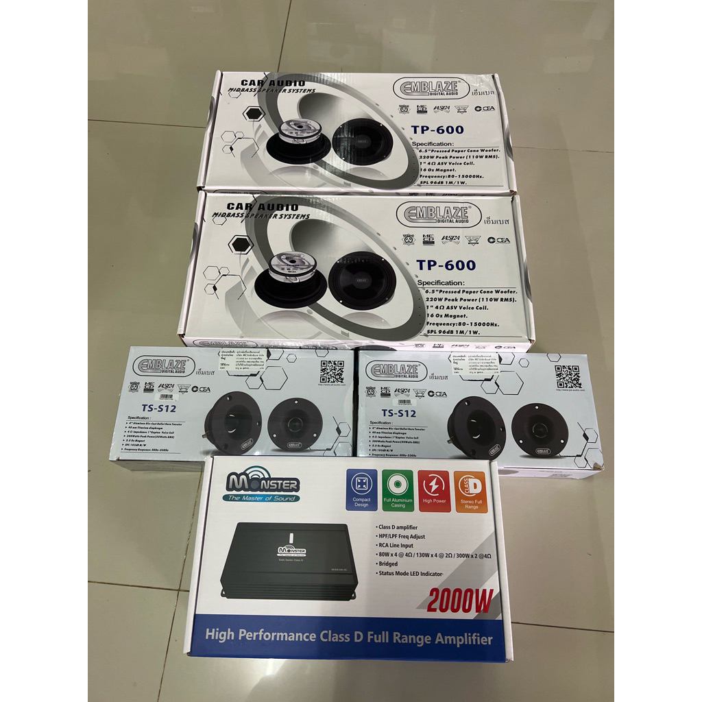 ซื้อ6.5“ 2คู่แหลม2คู่ ยี่ห้อ EMBLAZE 1ชุด ราคา 4995บาท แถมฟรี 4Ch ClassD Monster 80.4 1ตัว ลำโพงติดร