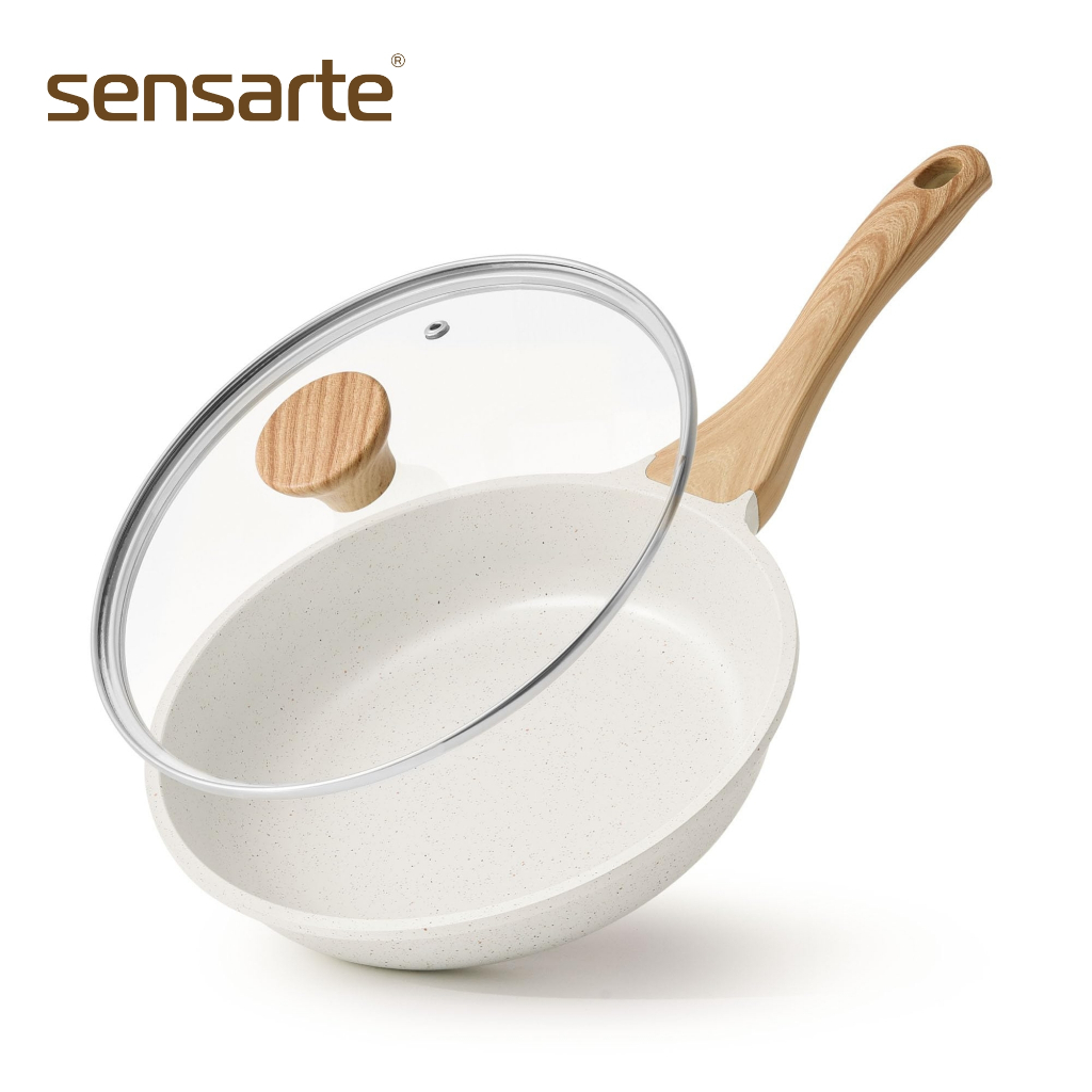SENSARTE กระทะผัดก้นแบน เคลือบ Non-Stick พร้อมฝา ปลอดสาร ใช้ได้กับเตาทุกประเภท ขนาด 20/24/28/32 ซม.