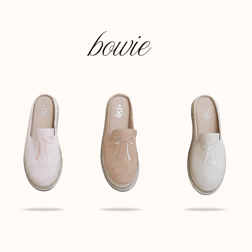 Bowie โบวี่ รองเท้าทรงเปิดส้น ผ้ากำมะหยี่ ปักโบว์ ซับในกำมะหยี่ พื้นนุ่ม