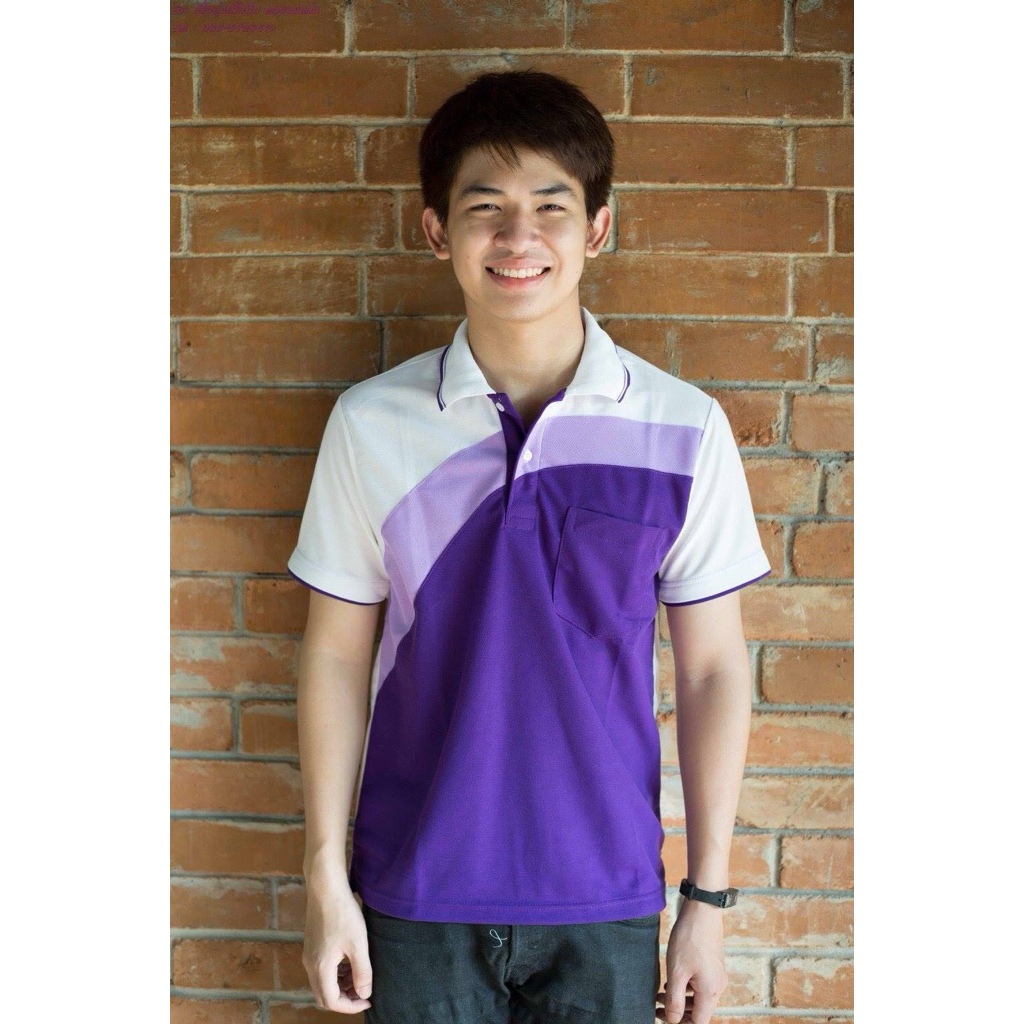 เสื้อโปโล ตัดต่อสีม่วงหลังม่วง แบบชาย มีกระเป๋า แบบหญิง ไม่มีกระเป๋า เนื้อผ้าซักแล้วไม่ขึ้นขน