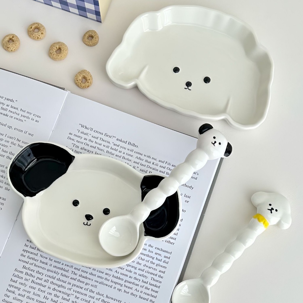 (พร้อมส่ง) จาน และ ช้อน เซรามิค สำหรับใส่อาหาร รูปน้องหมาน่ารัก
