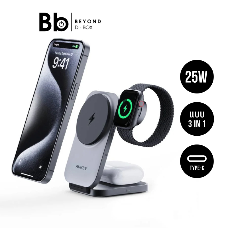 ที่ชาร์จไร้สาย AUKEY 3-in-1 Qi2 Wireless Charger Foldable Magnetic Stand 15W Gray by BB Beyond D-Box