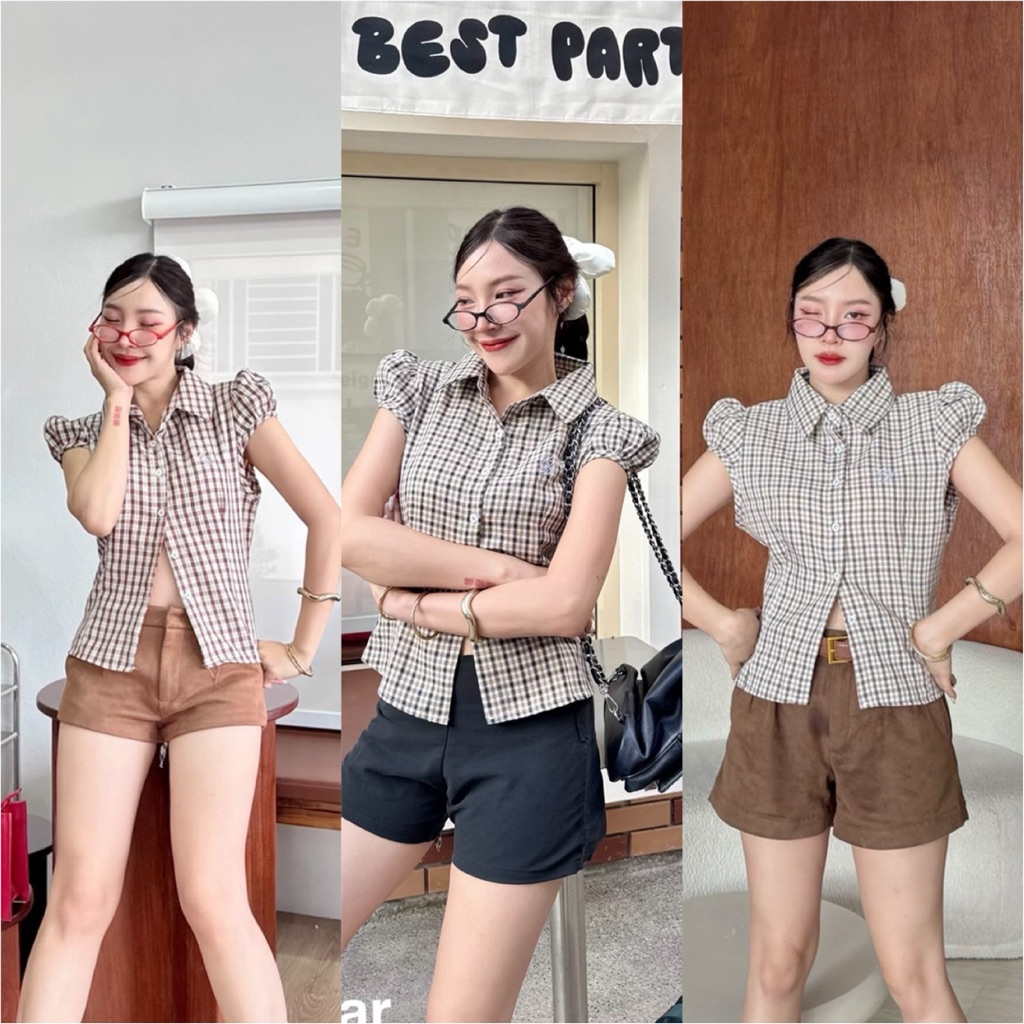 DOODEE2เสื้อเชิ้ตคอปก แขนตุ๊กตา ลายสก็อต ผูกหลัง รูปที่ 5