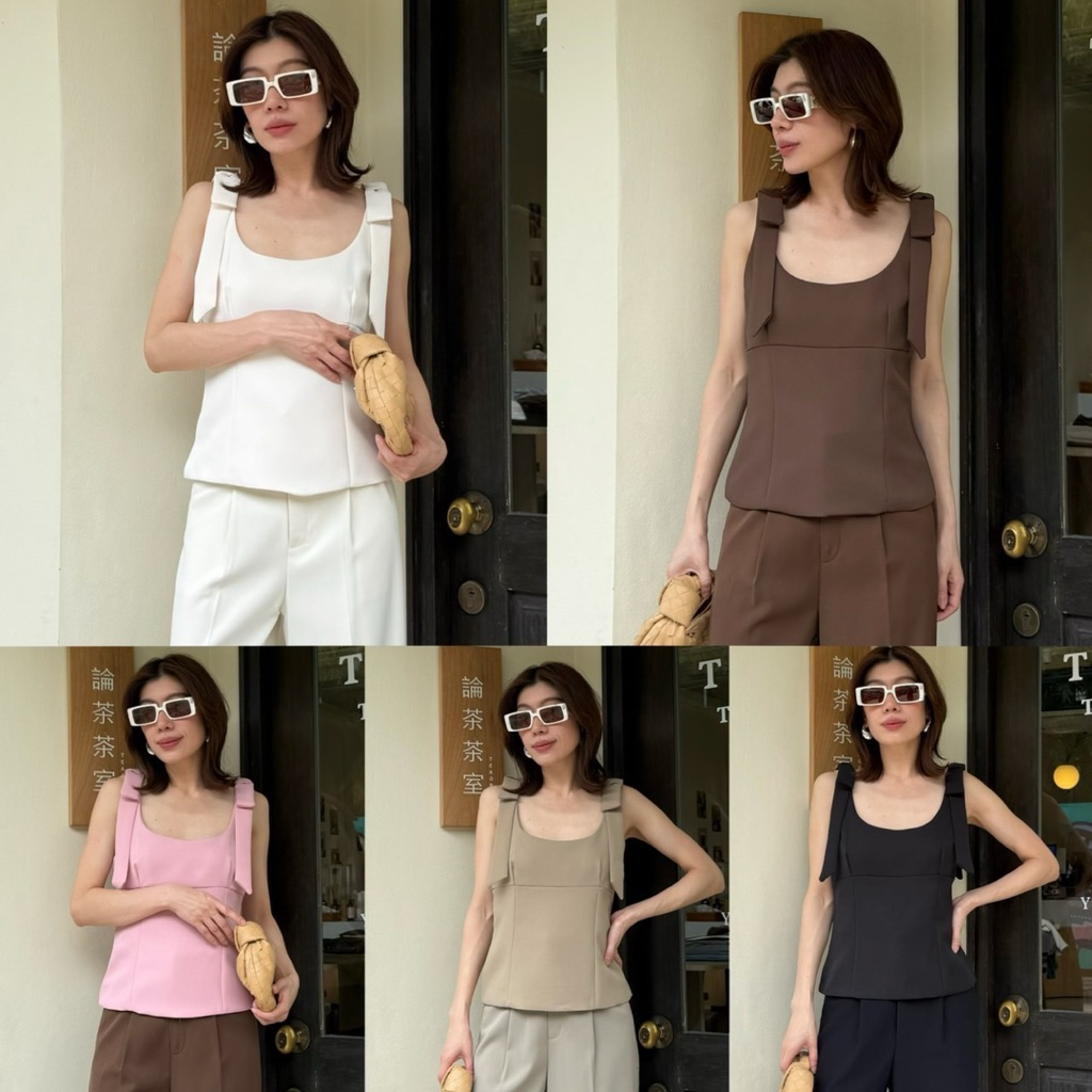 1042 LADY BOW STRAP TOP STUDIOX2 (SMLXLXXL 490฿) เสื้อคอยูแขนกุด สายเสื้อเป็นโบว์ มีซิปข้างตัว ผ้าสูทใส่รองซับทั้งตัว